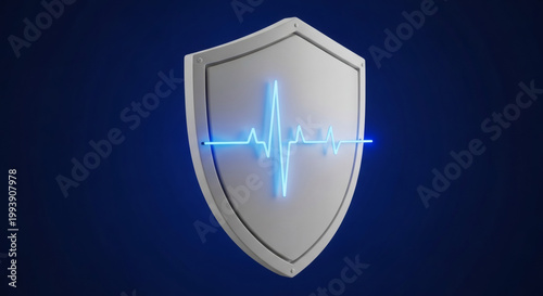 A silver shield with a glowing blue cardiogram pulse representing health and security on a dark blue background