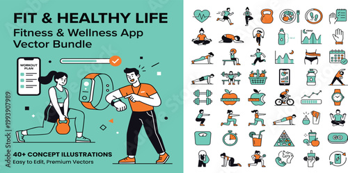 Extensive Fitness and Healthy Life Vector Illustration Bundle Wellness App Concepts, Workout Icons, and Digital Health Tracking Elements for an Active Lifestyle Design