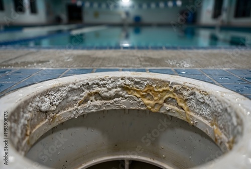 Macro close-up of a pool skimmer basket rim encrusted with calcified scale and dried sunscreen