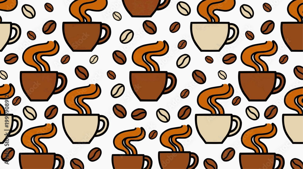 Obraz premium Seamless coffee pattern with coffee cups and coffee beans. The image showcases a repeat pattern of coffee mugs and coffee beans