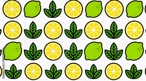 A fun repeating pattern design of lime and lemon slices with mint leaves