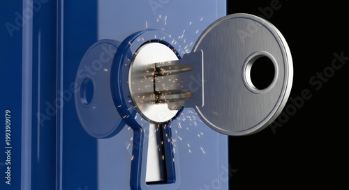 The intricate process of a digital key meeting a secure lock, illustrating concepts of cybersecurity, encrypted access, and unlocking complex technological challenges