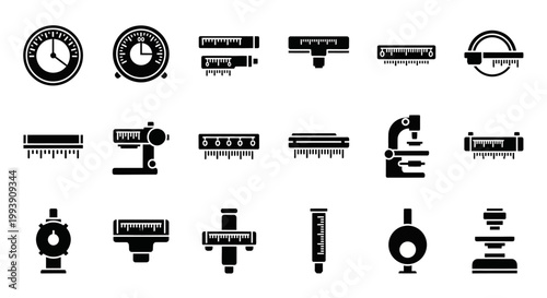 Industrial equipment icons, machinery symbols, factory tools, black vector set