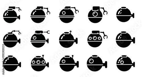Diving Helmet Icons, Scuba Diving Symbols, Black Diver Helmets, Vector Illustration Set
