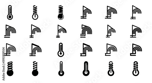 Thermometer, weather icons, black and white vector graphics, 20 symbols