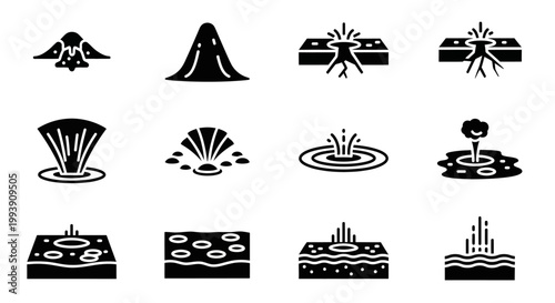 Black icons of volcanic eruptions, explosions, and fountains, set of 13 vector graphics
