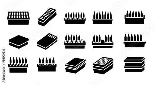 Microchip icons, electronic component symbols, circuit board elements, black and white vector graphics