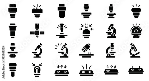 Science, laboratory, microscope icons, 20 black vector symbols, lab equipment, research, biology, chemistry