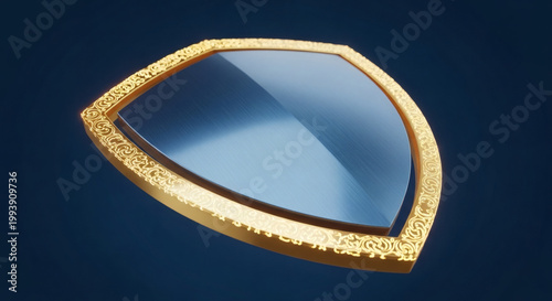 Elegant golden shield with a gleaming blue glass center, representing protection, security, and prestige in a sleek, modern, and visually striking design