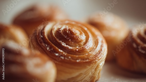 Close-up of freshly baked cinnamon rolls with a glossy glaze and soft, flaky layers