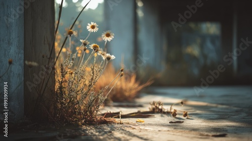 Delicate wild daisies growing in sunlight beside an urban wall with a moody atmosphere