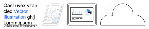 Cloud computing, data storage, digital reports, data analysis, technology solutions, and business tools. Clipboard with graph, tablet screen showing analytics and cloud symbol. Cloud computing