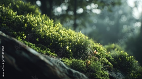 Lush green moss growing on a damp forest log with rays of sunlight filtering through trees