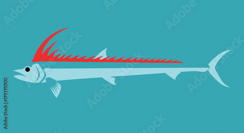 Stylized Barracuda Fish with Red Crest Against Teal Background