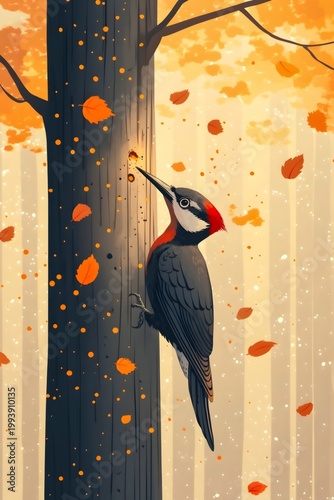 Woodpeckers focus on pecking at golden fallen leaves