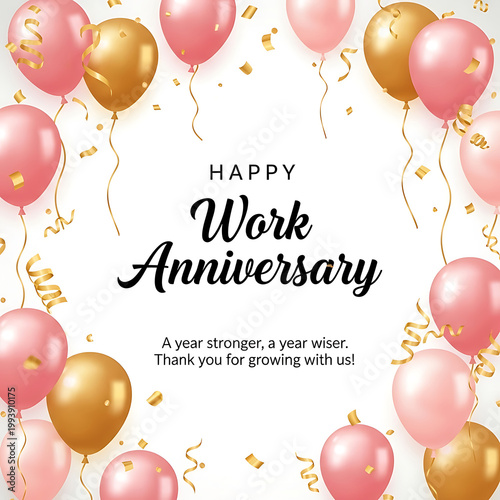 Pink and gold balloons with confetti celebrating work anniversary