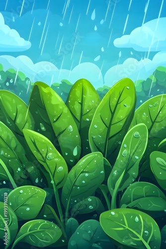 Green spinach nourished by drizzle