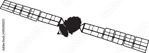 Black silhouette of a communication satellite with solar panels and antenna, isolated on a white background. Spacecraft or orbiter icon.