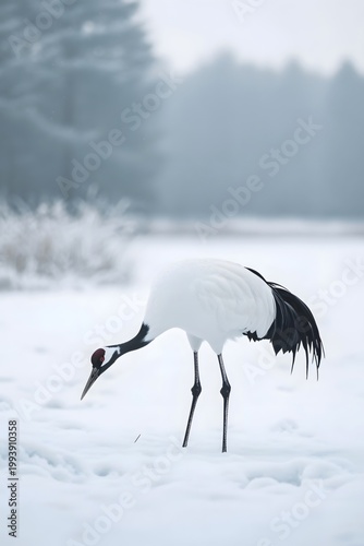 The crane elegantly foraging in the snow