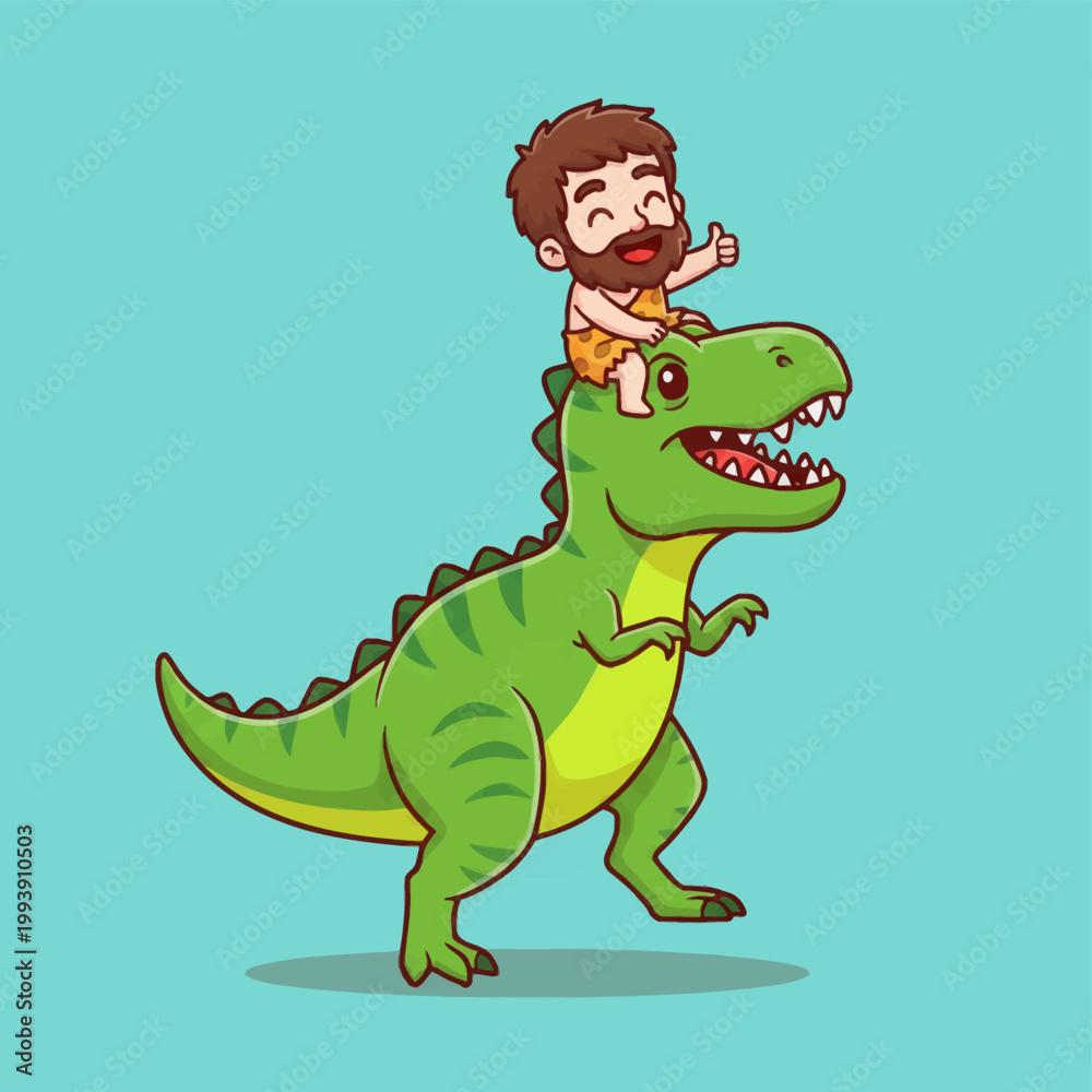 Fototapeta premium Caveman Riding a Friendly Dinosaur Illustration.