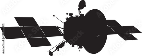 Black silhouette of a space satellite or communications probe isolated on white background. Aerospace technology and science exploration concept