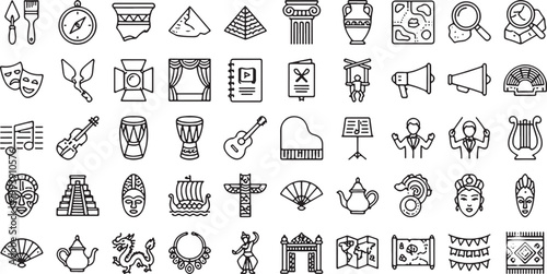 A diverse collection of line icons representing archaeology, history, performing arts, and global cultural heritage symbols.