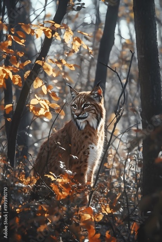 The quiet gaze of the golden lynx on the treetops