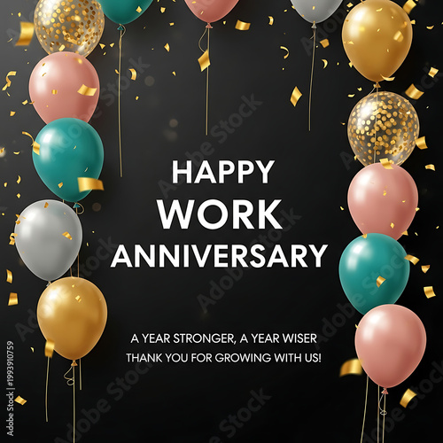 Happy Work Anniversary balloons confetti text
