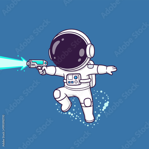 Cute astronaut character shooting a laser gun in space.