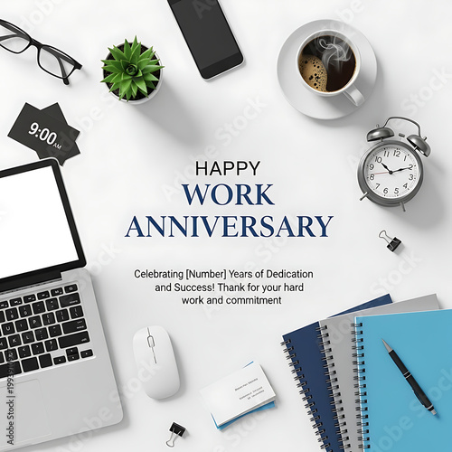 Happy work anniversary text with office desk 1