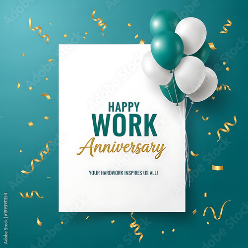 Happy Work Anniversary with Teal Balloons and Gold Confetti