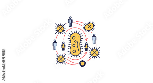 Viral Infection Transmission Vector Illustration Featuring Human Figures and Pathogen Cells in a Flat Conceptual Medical Design Style for Public Health Awareness