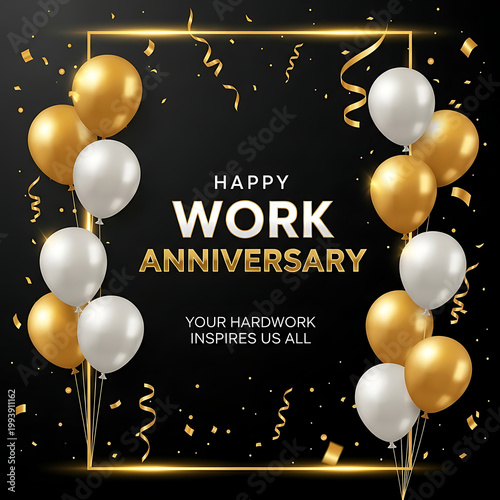 Golden white balloons and confetti celebrating work anniversary