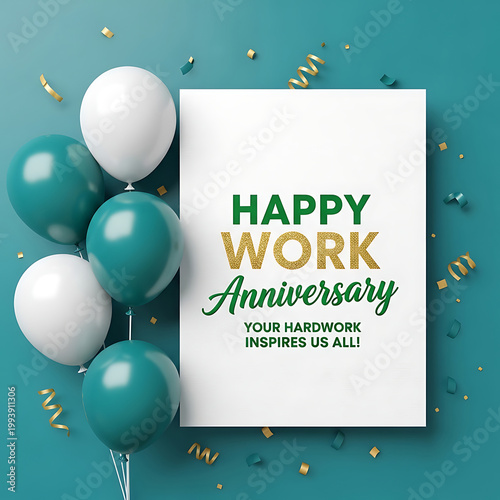 Teal and white balloons with happy work anniversary message