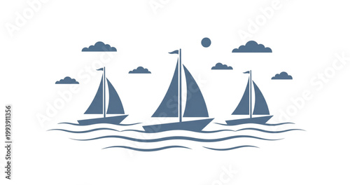 Nautical Adventure: Minimalist Three Sailboat Illustration at Sea with Waves and Clouds for Summer Travel Branding