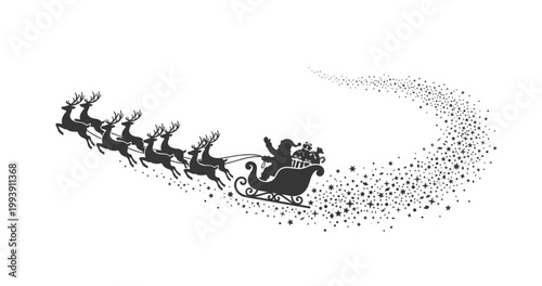 Santa Claus Sleigh Silhouette: Flying Reindeer with Magic Stardust Trail for Christmas and Holiday Season Design