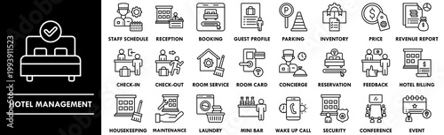 Hotel Management outline icon collection set. Containing design hotel, manager, employee, travel, people