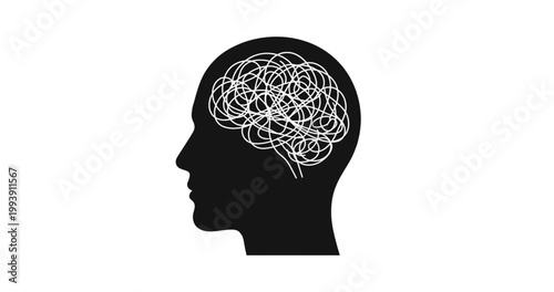 Mental Health Concept: Human Head Silhouette with Tangled Mess Brain Representing Stress, Anxiety, and Confusion