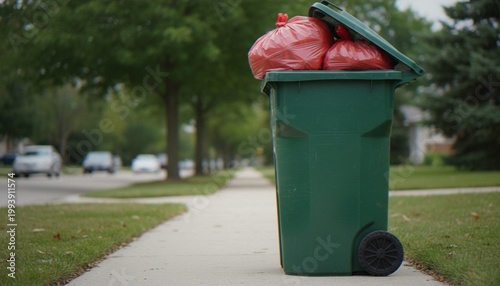 Foto A green trash bin filled with red garbage bags sitting on a sidewalk in a suburban neighborhood