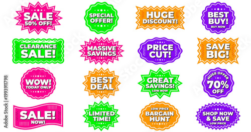 Retail Sale Badge Set: 16 Colorful Discount Tags and Promo Stickers for E-commerce Marketing and Shopping Offers