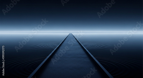 Abstract dark blue futuristic pathway leading to bright horizon light.
