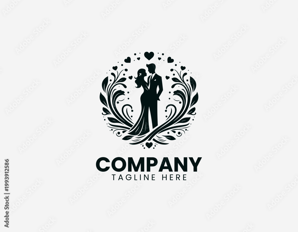 Fototapeta premium Romantic couple silhouette with heart elements in elegant black vector logo design on white background with wedding and love concept composition