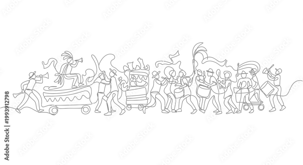 Fototapeta premium Continuous Line Drawing of a Festive Parade with Musicians and Floats