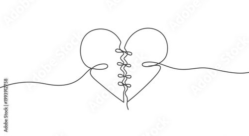 Continuous line drawing of a broken heart stitched together with thread, symbolizing healing and hope.