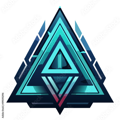 Cyan geometric triangular badge with layered abstract patterns, triangle