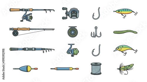 Comprehensive collection of fishing equipment icons: rods reels hooks and lures