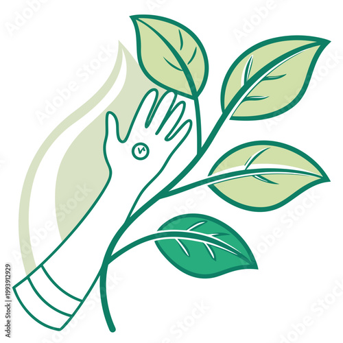 Human hand reaching towards green plant leaves nature sustainability symbol