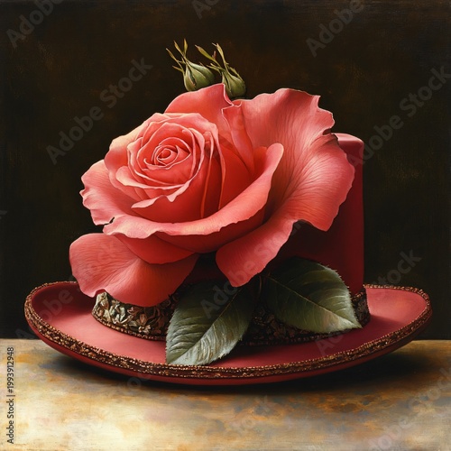 A large pink rose adorns the hat, against a black background.
