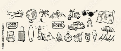 Illustration depicting various travel vacation and adventure themed elements in doodle style