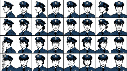 Diverse Group Portraits of Police Officers with Various Poses and Expressions